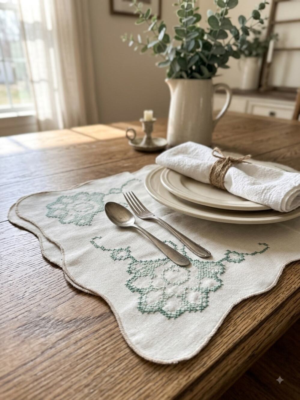Vintage 1950s Hand-Embroidered Cross-Stitch Linens (Set of 2)